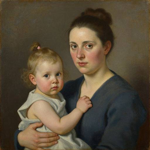 Classical oil painting of a fair-skinned woman in a blue dress holding a light-haired baby in a white dress, both with serious expressions, against