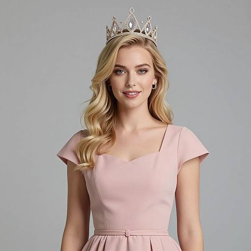 Photograph of a blonde woman with wavy hair, wearing a silver crown, pink dress, and smiling, against a plain light blue background.