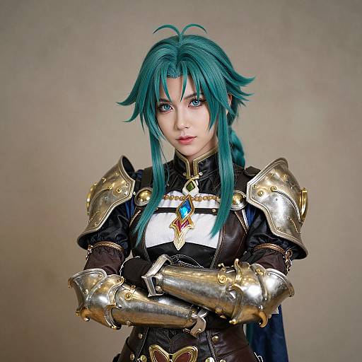 Photorealistic digital artwork of a blue-haired woman in detailed, gold-accented medieval armor with crossed arms, set against a neutral background.