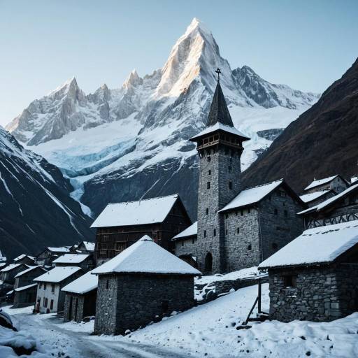 Frost-Covered Stone Tower in Snowy Mountain Village