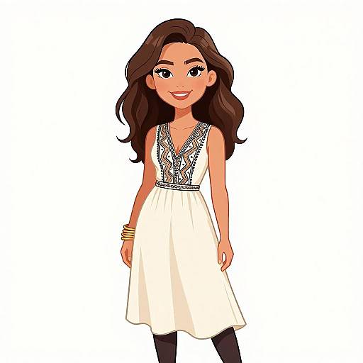 Digital cartoon of a smiling woman with long brown hair, wearing a sleeveless white dress with black patterned neckline, black leggings, and gold bracelets,