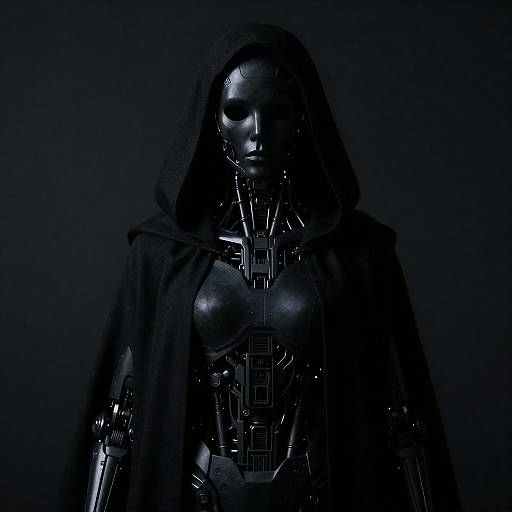 Cinematic Cloaked Cybernetic Figure Monochrome Concept