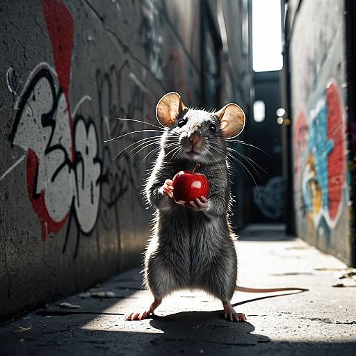 Mouse Holding Red Apple in Urban Alley