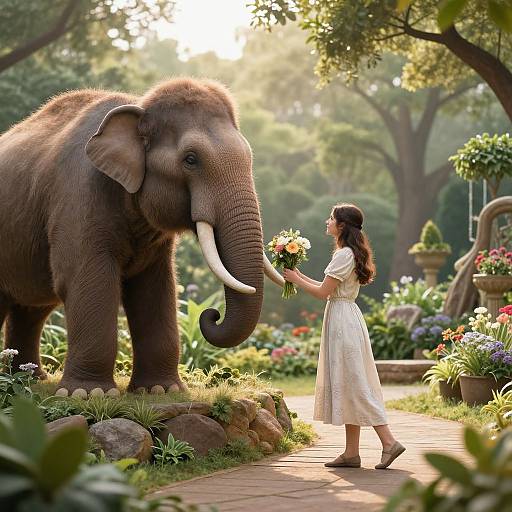Photograph of a young woman in a white dress, holding a bouquet, gently touching the trunk of a large, friendly elephant in a sunlit,