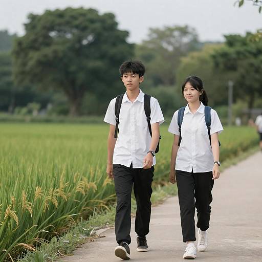 Asian Teens Walking Through Rice Fields