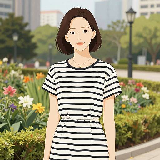 Woman in Striped T-Shirt Dress in Park