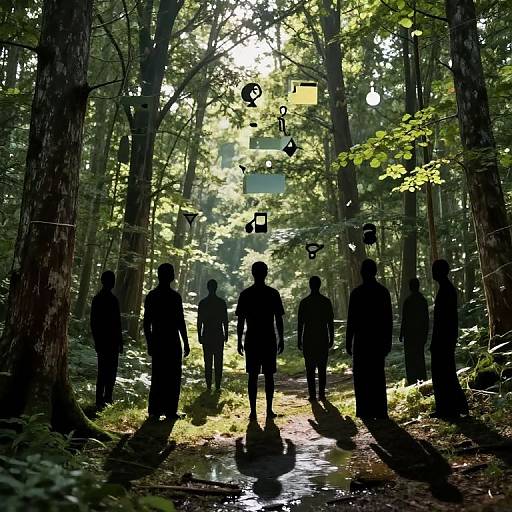 Silhouetted group of seven people walking through a sunlit forest, with musical notes floating overhead. Photograph with high contrast and vibrant green foliage.