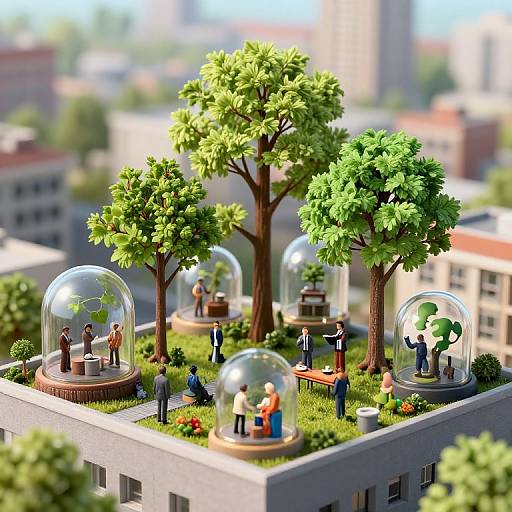 Detailed miniature diorama: people in business attire interact under glass domes on rooftop garden with trees, surrounded by cityscape.