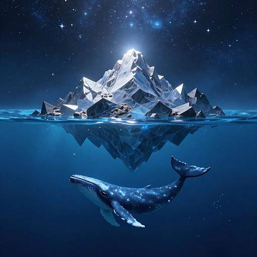 Digital artwork: Glowing ice mountain reflected in dark blue ocean, with a bioluminescent whale swimming below, starry night sky above.
