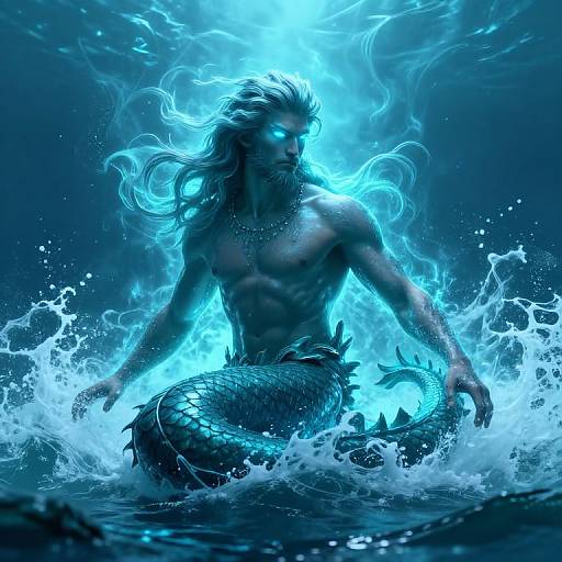 Digital artwork of a muscular, glowing blue merman with long hair, sitting in turbulent ocean waves, surrounded by electrifying blue energy.