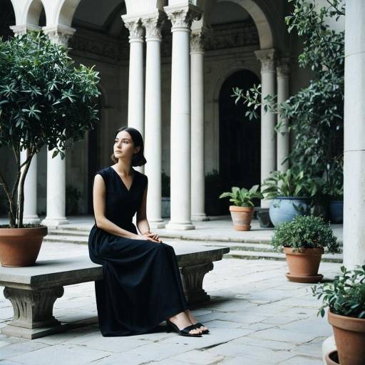 Elegant Woman in Minimalist Courtyard Setup