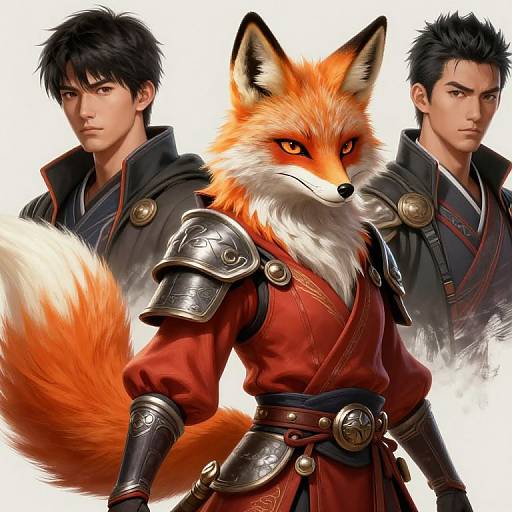 Digital art: Fox warrior with red armor and fierce expression flanked by two serious, black-haired men in dark robes. White background.
