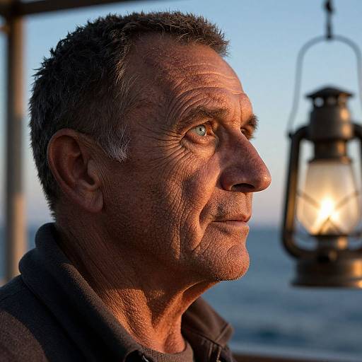 Photograph of a weathered middle-aged man with short gray hair, rugged features, and intense gaze, illuminated by a lantern at dusk.