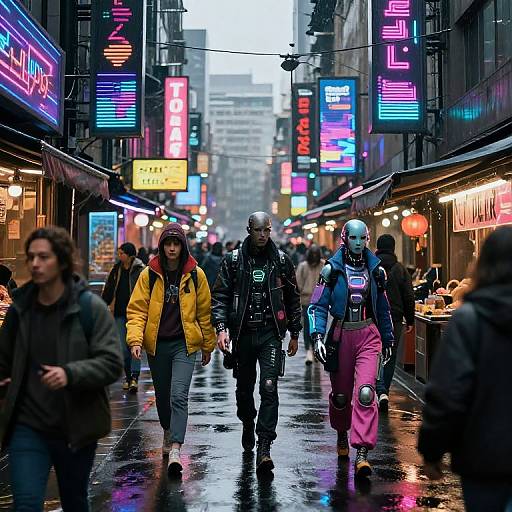 Photograph of a neon-lit, rainy urban street at night, featuring diverse pedestrians in colorful jackets, including a yellow jacket and pink pants, walking