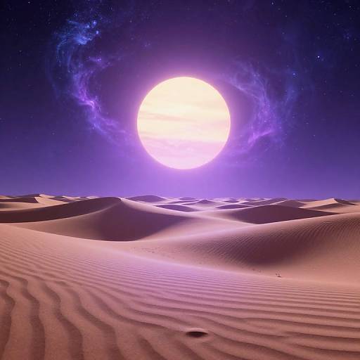 Photograph of a surreal desert landscape under a glowing, luminous moon surrounded by a vibrant purple and blue galaxy in the night sky. Ripples in