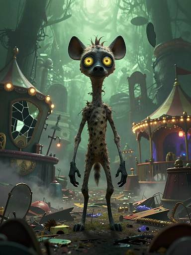Digital CGI of a tall, eerie, yellow-eyed, spotted hyena standing in a steampunk carnival at night, surrounded by broken toys and glowing