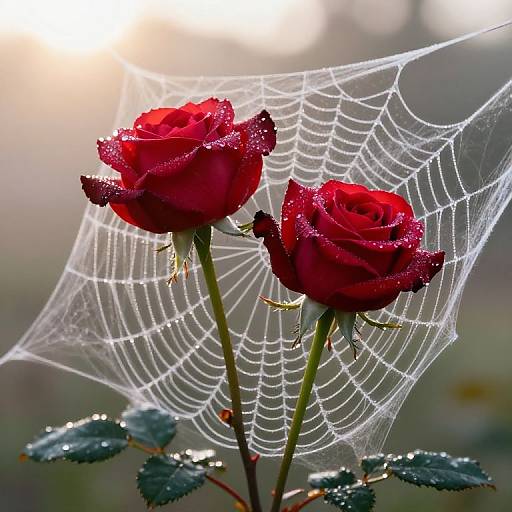 Dewy Red Roses in Spider Web