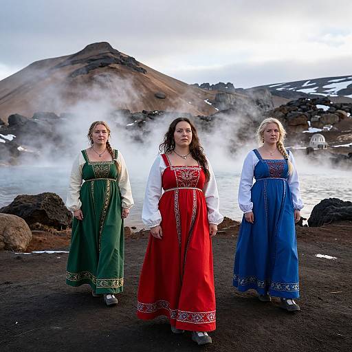 Photograph of three women in colorful traditional dresses standing in front of a steamy, mountainous, cloudy landscape. Green, red, and blue dresses