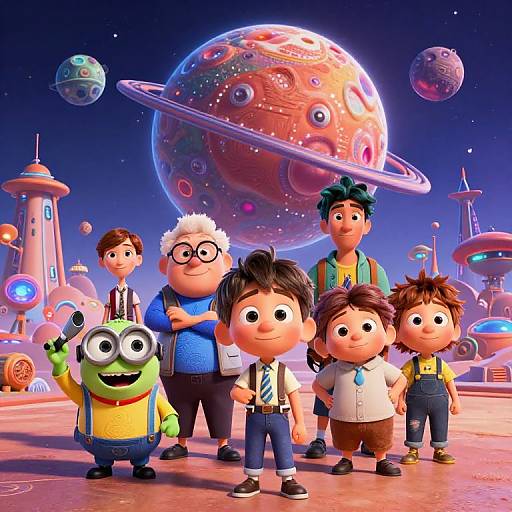 CGI cartoon image of six chibi-style characters standing on a futuristic planet with colorful planets and space stations in the background. The characters include a green