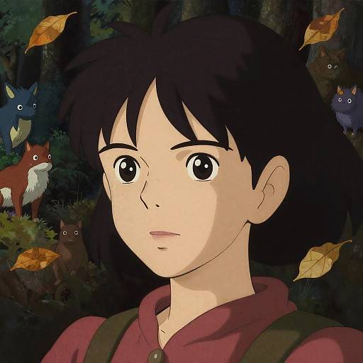 Anime-style drawing of a young girl with black hair, large eyes, and a red shirt, surrounded by floating autumn leaves and colorful foxes in a