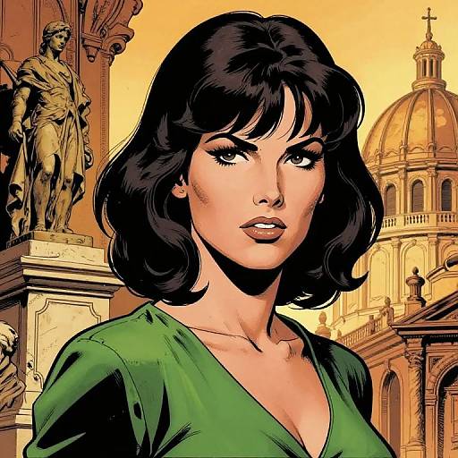 Comic-style illustration of a black-haired woman in a green dress, with a statue and domed building in the background.