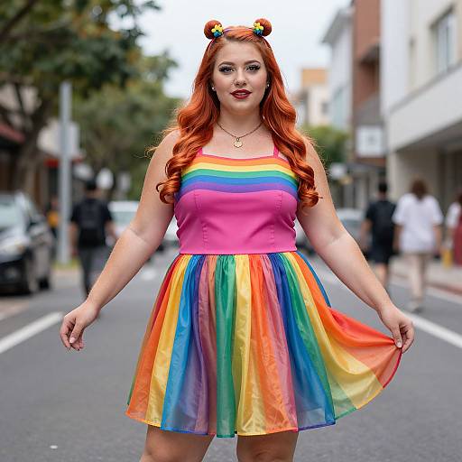 Photograph of a curvy woman with long red hair in a rainbow dress and pink top, wearing a hairband, standing on a city street with