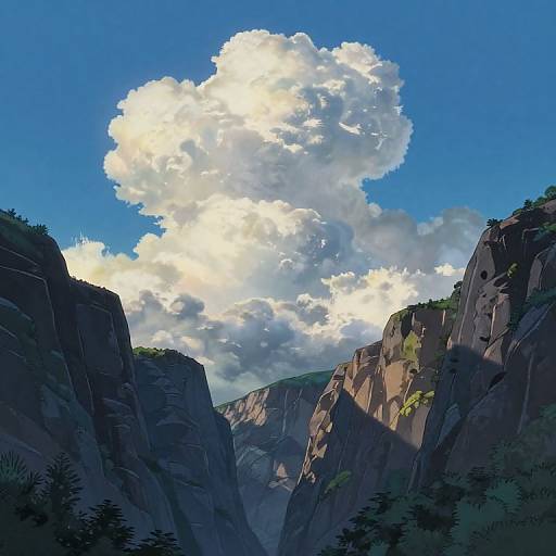 Digital artwork of a dramatic canyon with towering cliffs, lush greenery, and a large, bright white cloud against a vivid blue sky.