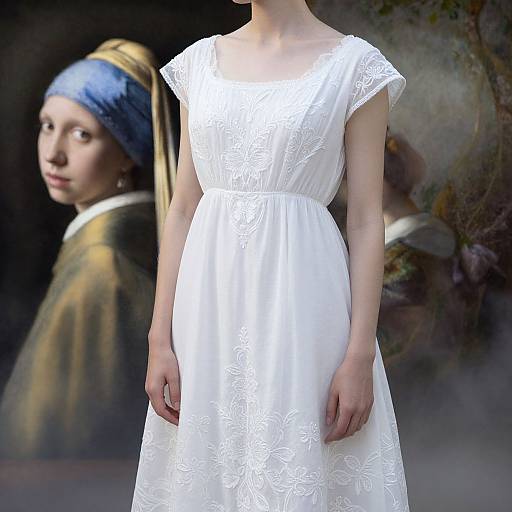 Ethereal Woman in Embroidered White Dress