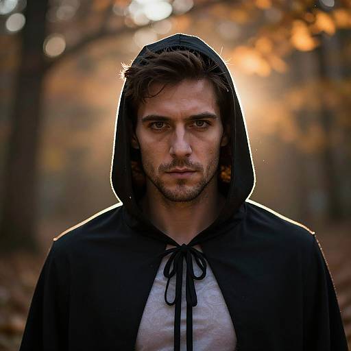 Photograph of a serious, handsome man with brown hair, stubble, and intense gaze, wearing a black hooded cloak, standing in a sun