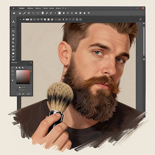 Photorealistic digital portrait of bearded man with brown hair, holding brush, displayed in photo editing software interface.