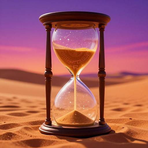 Photograph of an hourglass on a sandy desert with a vibrant purple and pink sunset, highlighting the glowing golden sand.