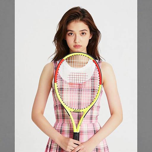 Young Asian woman with shoulder-length black hair, wearing a pink plaid dress, holding a yellow tennis racket against a white background.