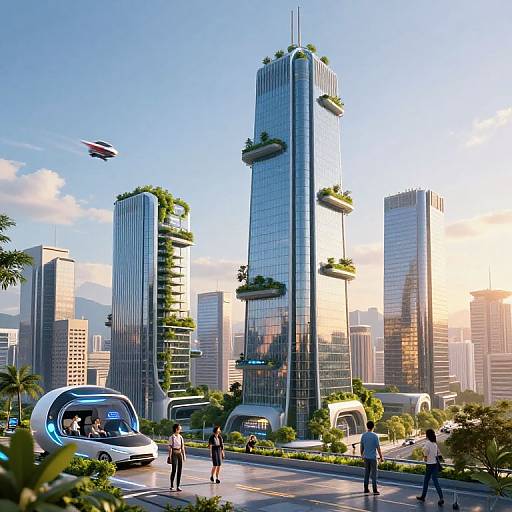Photorealistic CGI of a futuristic cityscape with towering green-roofed skyscrapers, sleek hover cars, and flying drones under a clear blue