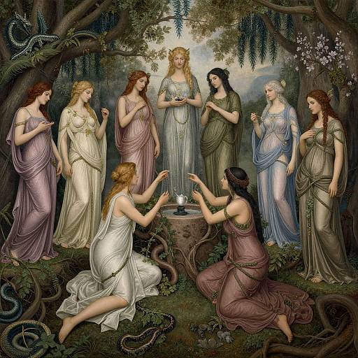 Digital painting of eight ethereal women in flowing, pastel-colored gowns, surrounding a central blonde woman holding a bowl, in a mystical forest with