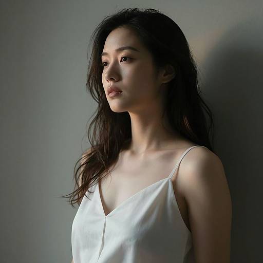 Photograph of an Asian woman with long, dark hair, wearing a white, spaghetti-strap top, standing against a gray wall, illuminated by soft