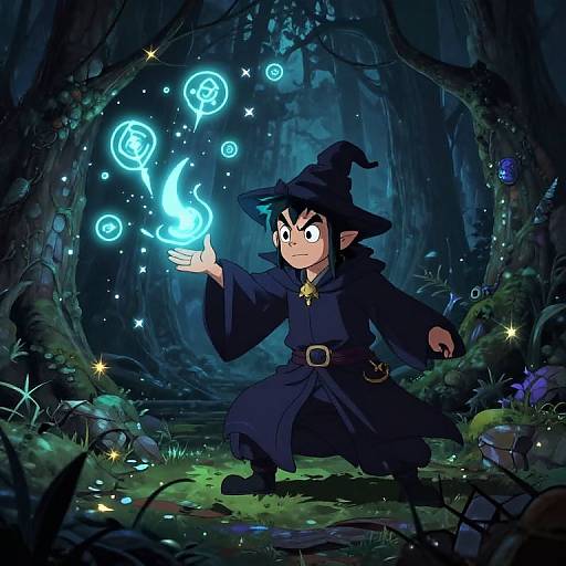Digital illustration of a young, dark-haired wizard with pointed ears casting a blue magical spell in a dark, enchanted forest.