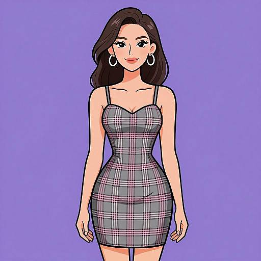 Digital illustration of a smiling woman with long brown hair, wearing a form-fitting plaid dress, hoop earrings, and standing against a purple background.