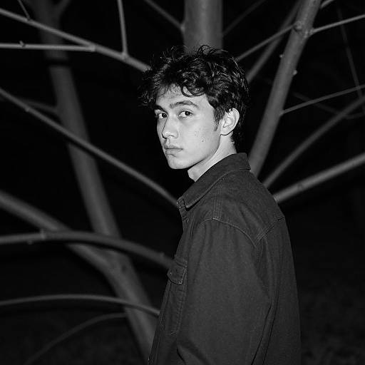 Mysterious Young Man in Night Forest
