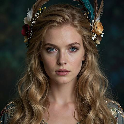 Photograph of a fair-skinned, blue-eyed woman with wavy blonde hair, wearing a floral and feathered headpiece, set against a dark