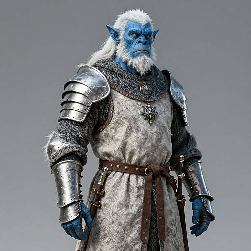 CGI image of a blue-skinned, white-haired, bearded orc warrior in silver armor and chainmail with a brown belt, standing against a