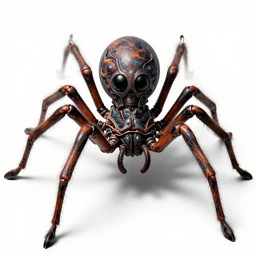 Digital artwork of a detailed, metallic, spider-like creature with a patterned, shiny head, black compound eyes, and reddish-brown legs,