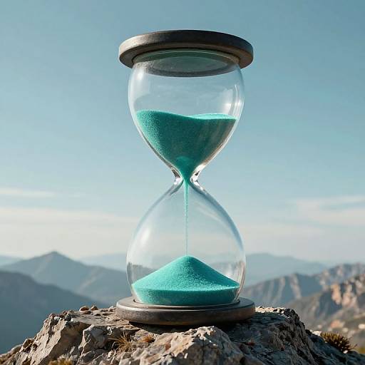 Photograph of a clear glass hourglass with blue sand, placed on a rocky mountain peak, against a bright blue sky.