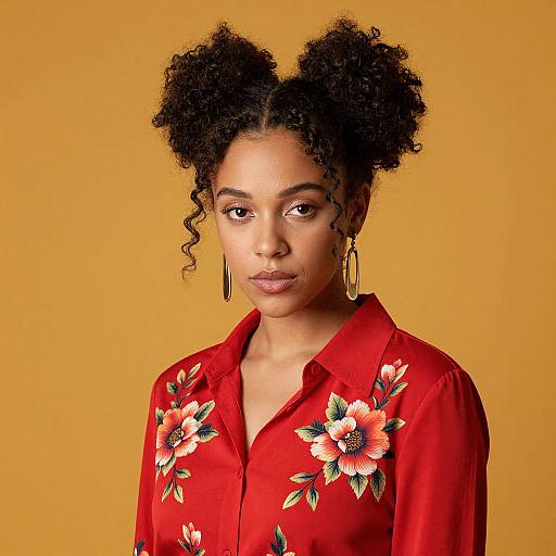 Photograph of a young Black woman with curly hair in two buns, wearing a red floral shirt, gold earrings, and against a yellow background.