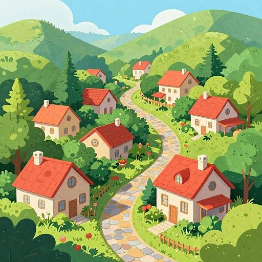 Vibrant Cartoon Village Scene