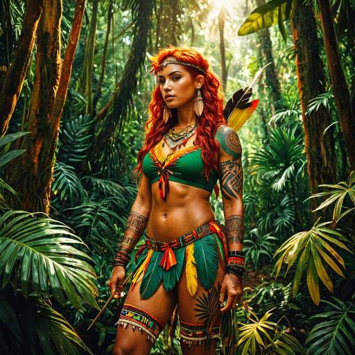 Athletic Woman in Tribal-Inspired Outfit in Tropical Rainforest