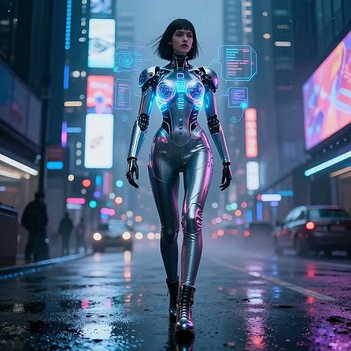Cyberpunk city street at night; woman in shiny, metallic, neon-lit bodysuit with glowing blue chest emblems, walking confidently on