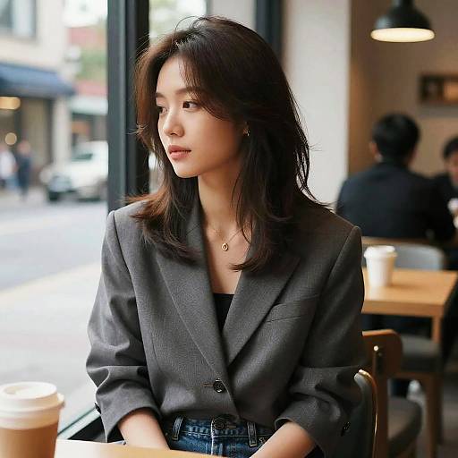 Photograph of a young Asian woman with shoulder-length brown hair, wearing a gray blazer and blue jeans, sitting in a sunlit café, g