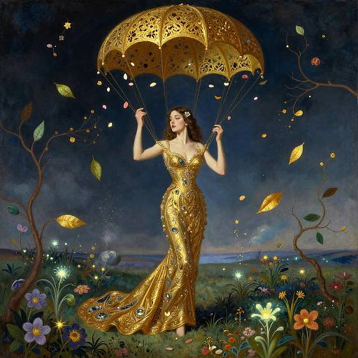 Golden Filigree Parachute Over Moonlit Meadow