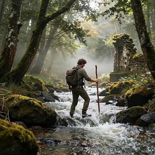 Photograph of a man with a backpack and walking stick, standing in a mossy, forest stream, facing a misty, ancient stone ruin.