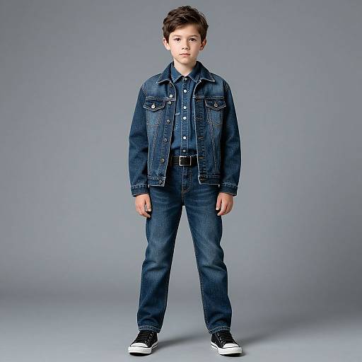 Photograph of a young boy with short brown hair, wearing a blue denim jacket, matching jeans, and black-and-white sneakers, standing against a plain
